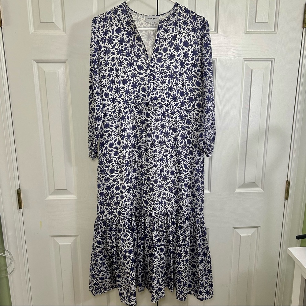 Olive James The Label Blue & White Floral Cinch Tie Waist Maxi Dress Size XS